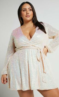 Three Of Us Mini Dress - Long Sleeve Wrap Dress in White Sequin