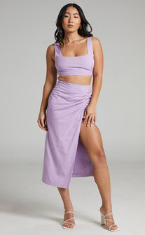Gibson Crop Top and Knot Front Midi Skirt Two Piece Set in Lilac