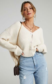 Charlize Cardigan - Button Through Knit Cardigan in Latte