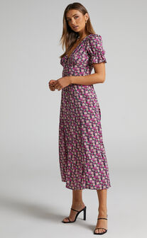 Adalina Short Puff Sleeve Button Down Maxi Dress in Floral