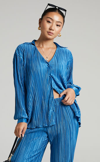Beca Plisse Button up Shirt in Blue