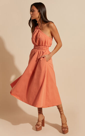 Yulia Maxi Dress - One Shoulder Shirred Waist in Orange