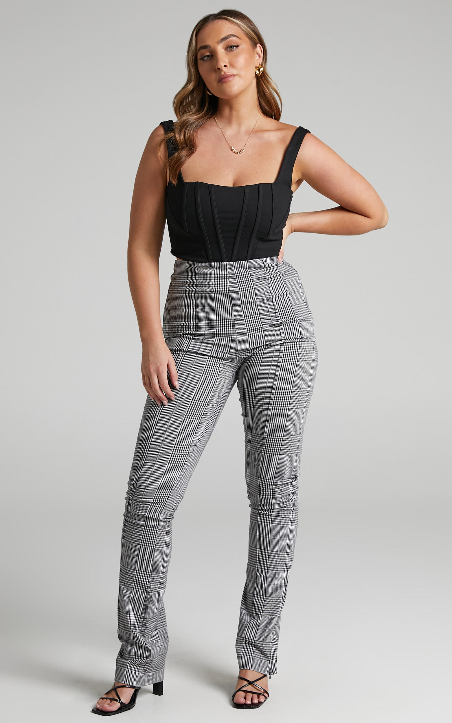 Alisse Side Zip High Waist Trousers in Check - 04, BLK1, super-hi-res image number null