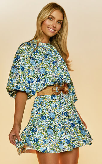 Janelle Mini Dress - Blouson Sleeve Tiered Dress in Blue Floral