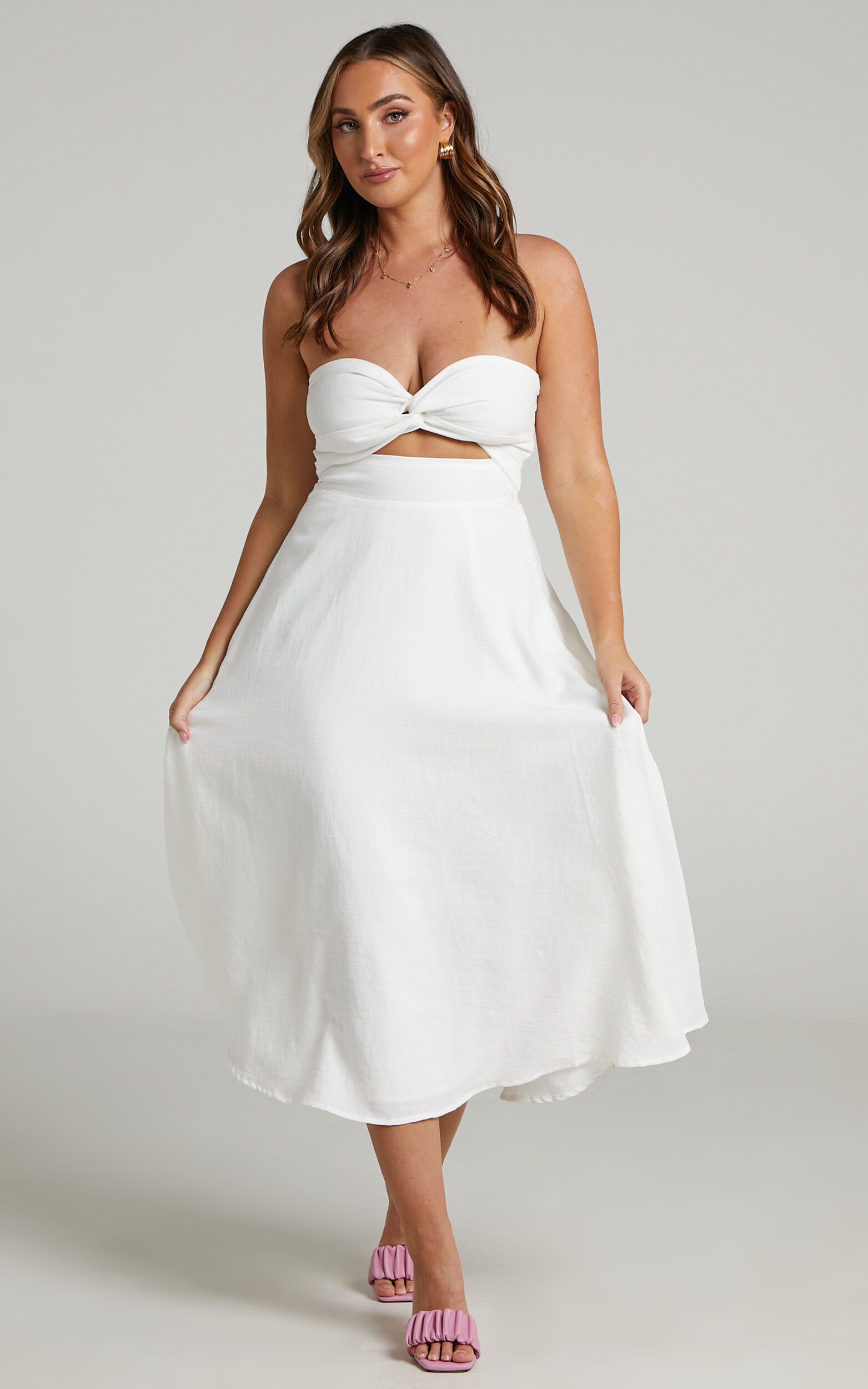 Avie Midi Dress - Twist Strapless Cocktail Dress in Off-white - 06, WHT1