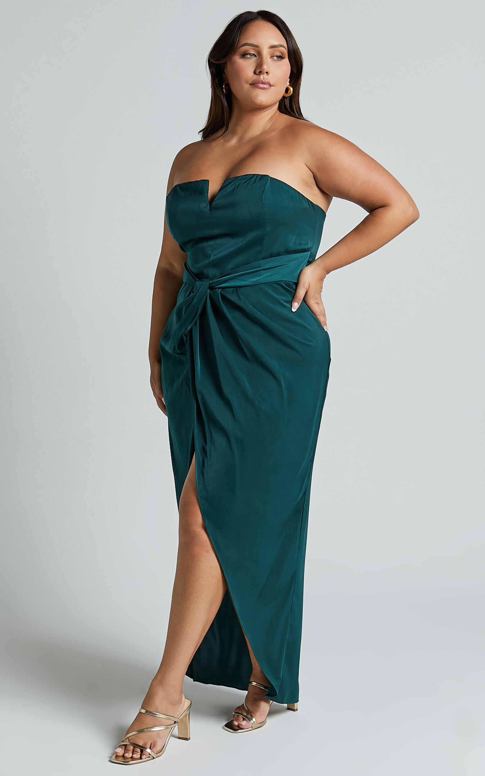 Rhyanna Midi Dress - Twist Front Strapless Dress in Emerald | Showpo USA