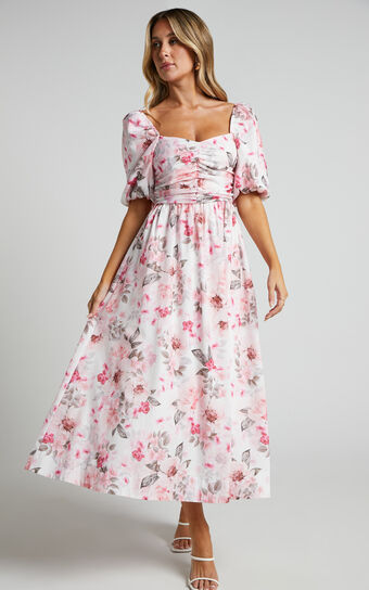 Haxzel Ruched Bust Puff Sleeve Midi Dress in Bouquet Floral