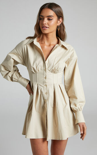 Claudette Mini Dress - Long Sleeve Corset Shirt Dress in Sand
