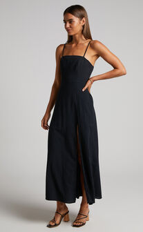 Marsha Midaxi Dress - High Split Slip Dress in Black