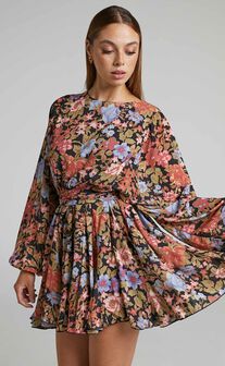 Ancora Tie Front Longsleeve Mini Dress in Dusk Floral Print