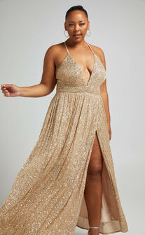 Katniss Plunge Neck Maxi Formal Dress in Champagne Sequin