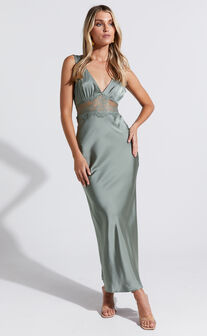 Juliet Midaxi Dress - V Neck Lace Insert Satin Slip Dress in Olive