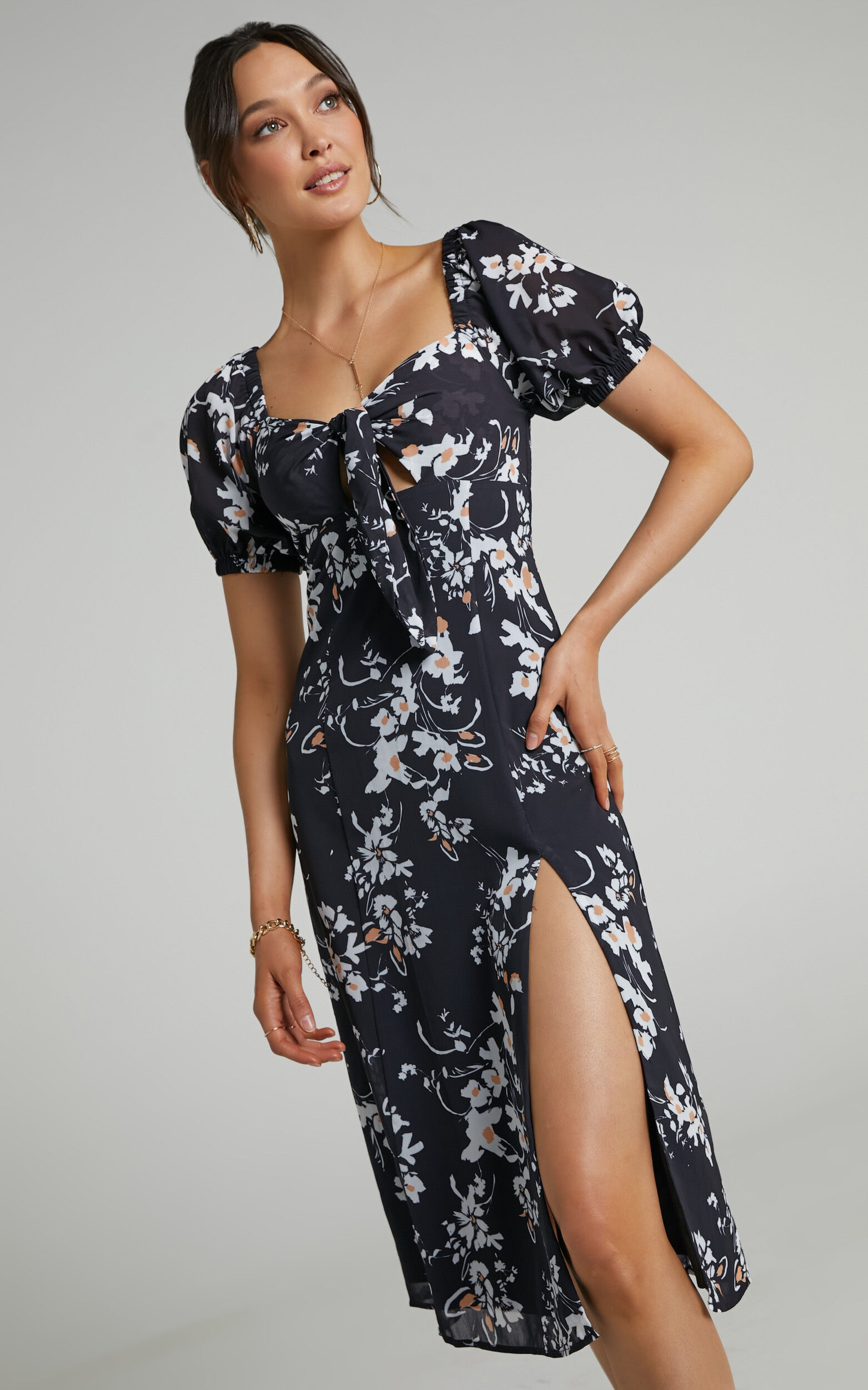 Cyia Tie Bust Midi Dress with Leg Slit in Black Floral - 04, BLK2, super-hi-res image number null