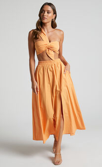 Sula Two Piece Set - One Shoulder Bralette Crop Top and Midi Skirt in Sherbet Orange
