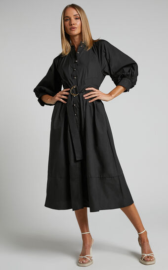 Deandra Midi Dress - Button Up Long Sleeve Belted Dress in Black