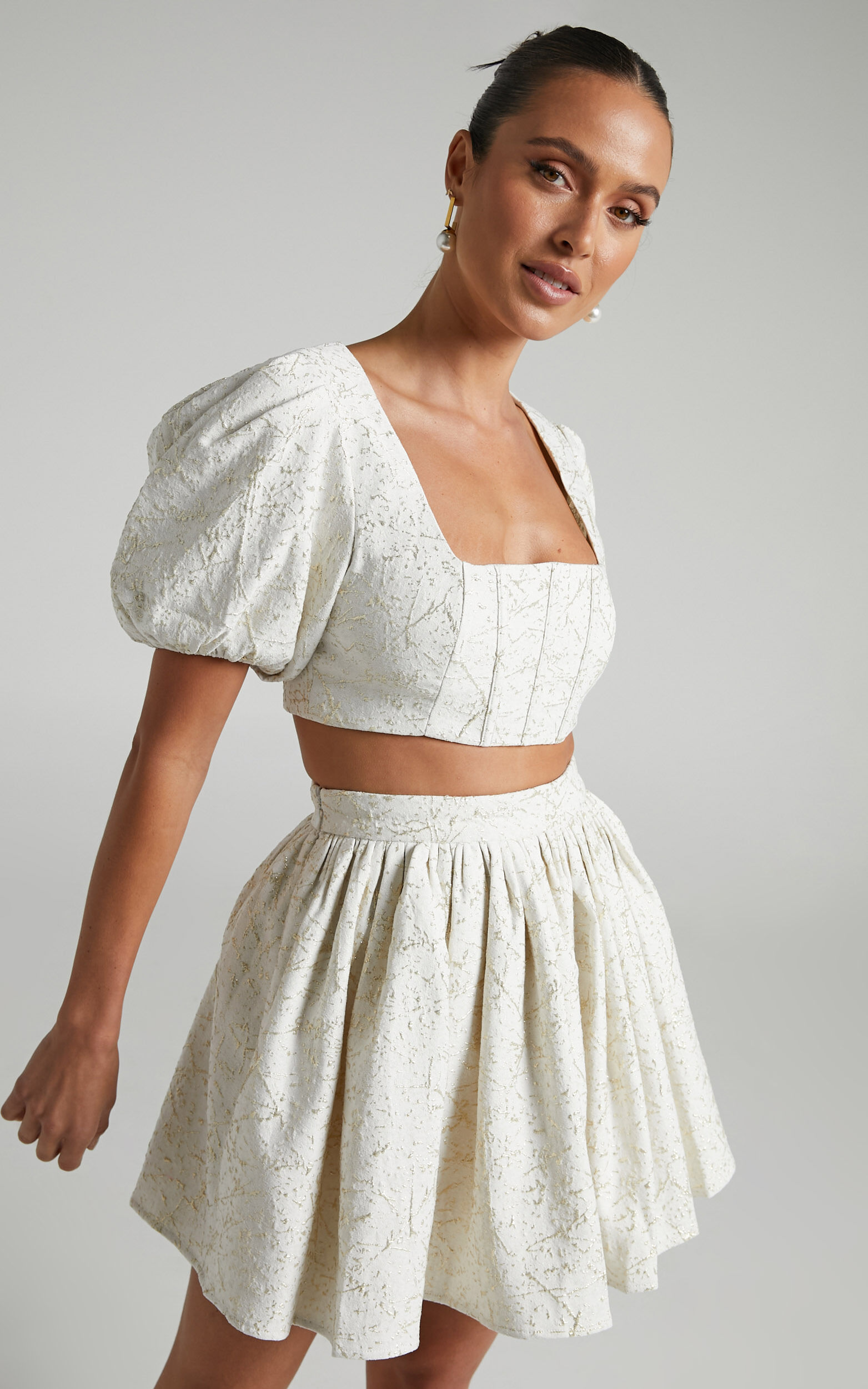 Clarie Lurex Jacquard Puff Sleeve Crop Top and Flare Mini Skirt Two Piece Set in White - 16, WHT1, super-hi-res image number null