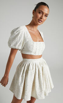 Clarie Two Piece Set - Lurex Jacquard Puff Sleeve Crop Top and Flare Mini Skirt Set in White
