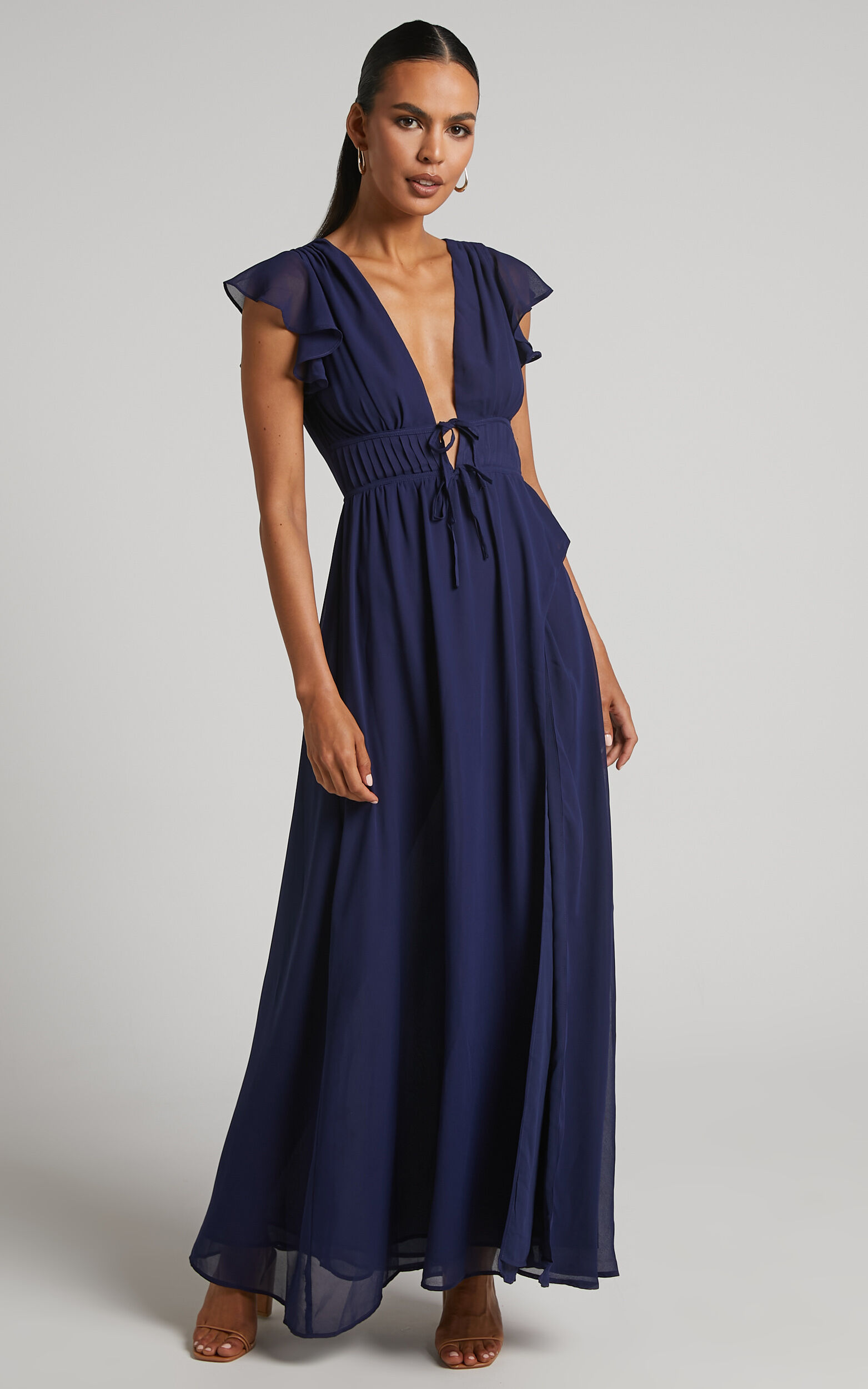 Alextera Maxi Dress - Tie Front Frill Sleeve Plunge High Split Dress in Navy - 04, NVY1, super-hi-res image number null