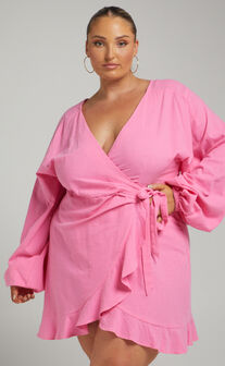 Francoise Mini Dress - Long Sleeve Wrap Dress in Pink