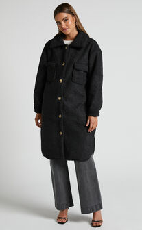 Maddie Longline Teddy Coat in Black