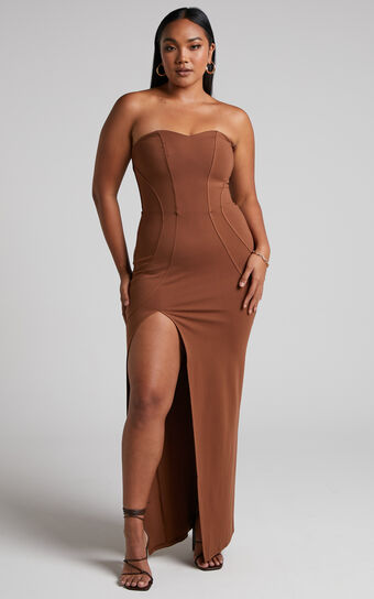 Oriella Panelled Thigh Split Strapless Maxi Dress in Chocolate