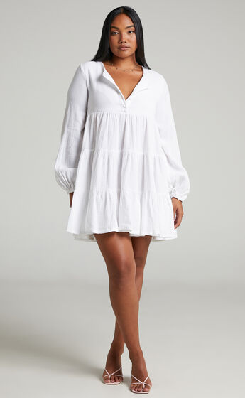 Amalia Long Sleeve Mini Smock Dress in White
