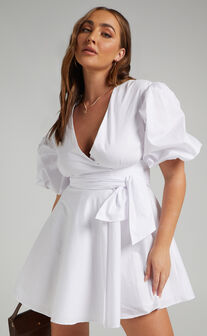 Zyla Puff Sleeve Wrap Mini Dress in White