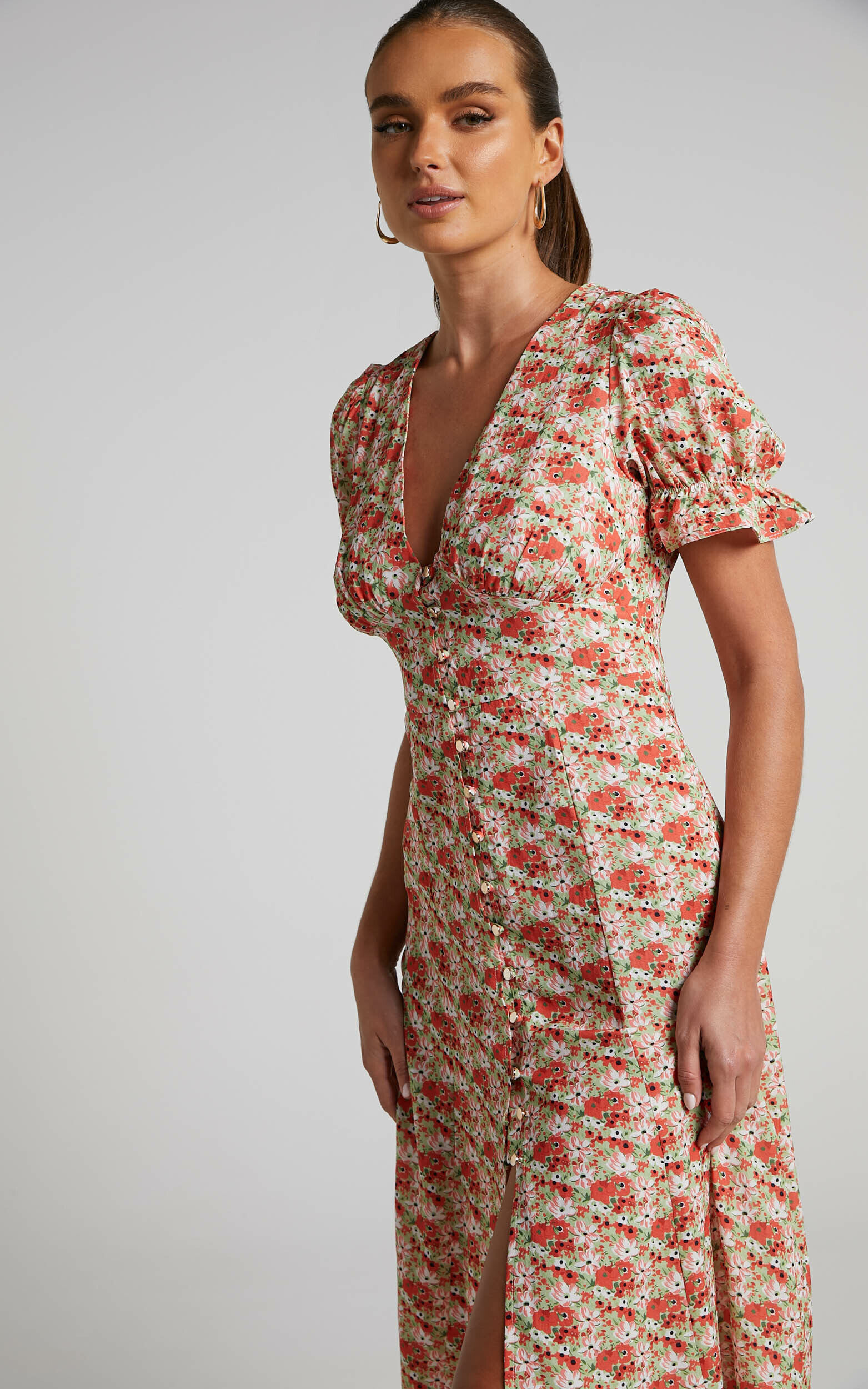 Adalina Maxi Dress - Short Puff Sleeve Button Down Dress in Pink Floral - 04, PNK1, super-hi-res image number null