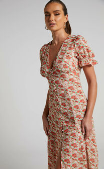 Adalina Maxi Dress - Short Puff Sleeve Button Down Dress in Pink Floral