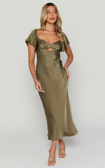 Emberlynn Midi Dress - Flutter Sleeve Cut Out Satin Dress in Dark Olive