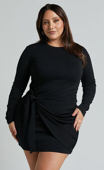 Marleen Mini Dress - Wrap Front Long Sleeve Bodycon Dress in Black
