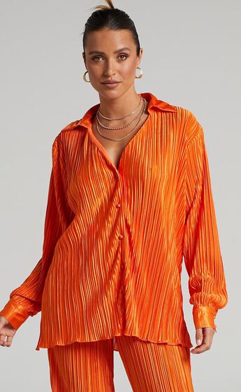 Beca Plisse Button up Shirt in Bright Orange
