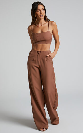 Alba Structured Crop Top and Wide Leg Pants Two Piece Set in Chocolate