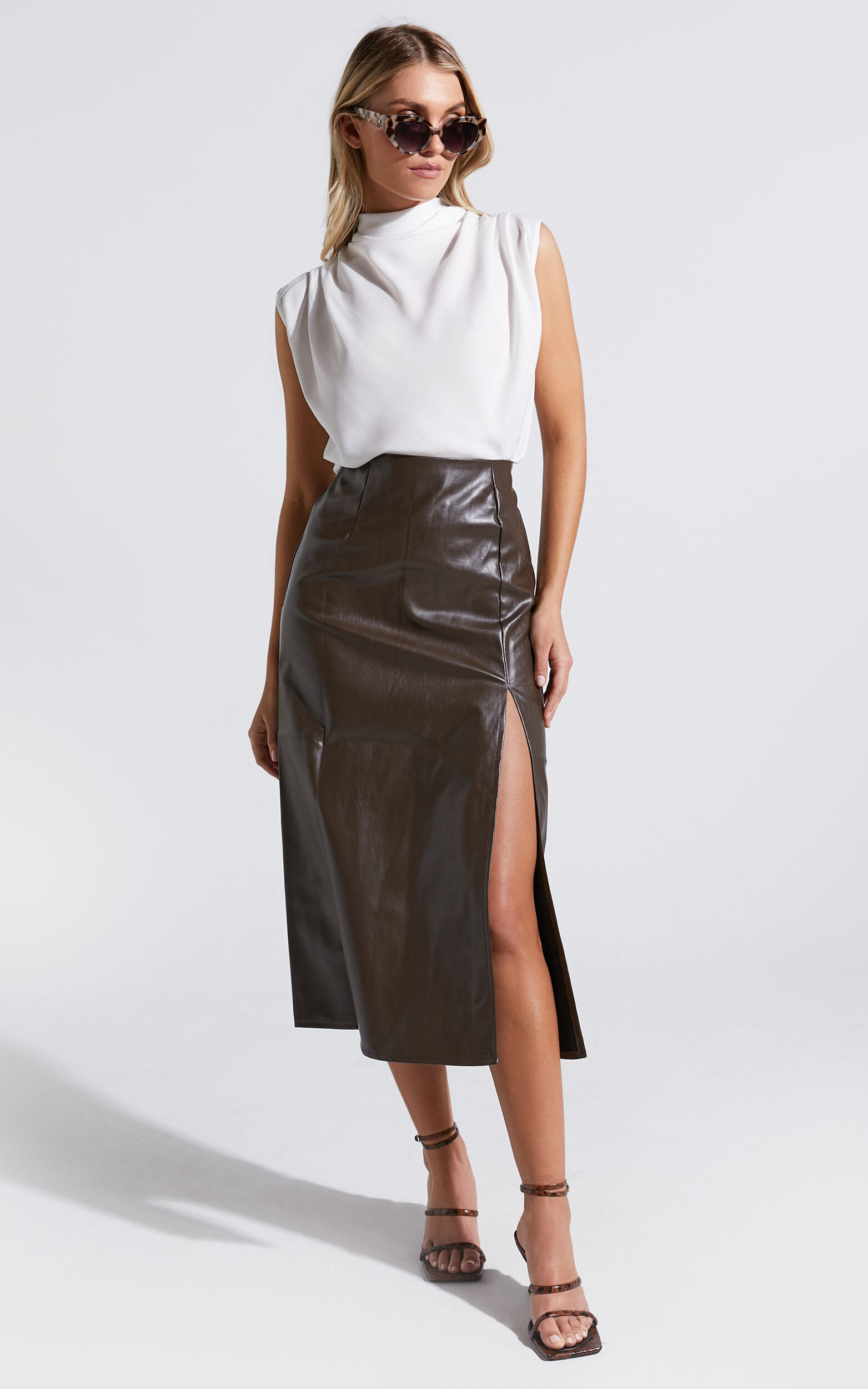 Bianca Midi Skirt - Thigh Split Faux Leather Skirt in Brown - 06, BRN2