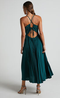 Zayla Midi Dress - Plisse Twist Front Dress in Emerald