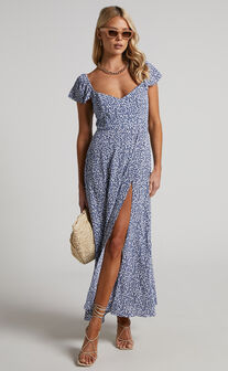 Donissa Midaxi Dress - Thigh Split Flutter Sleeve Dress in Blue