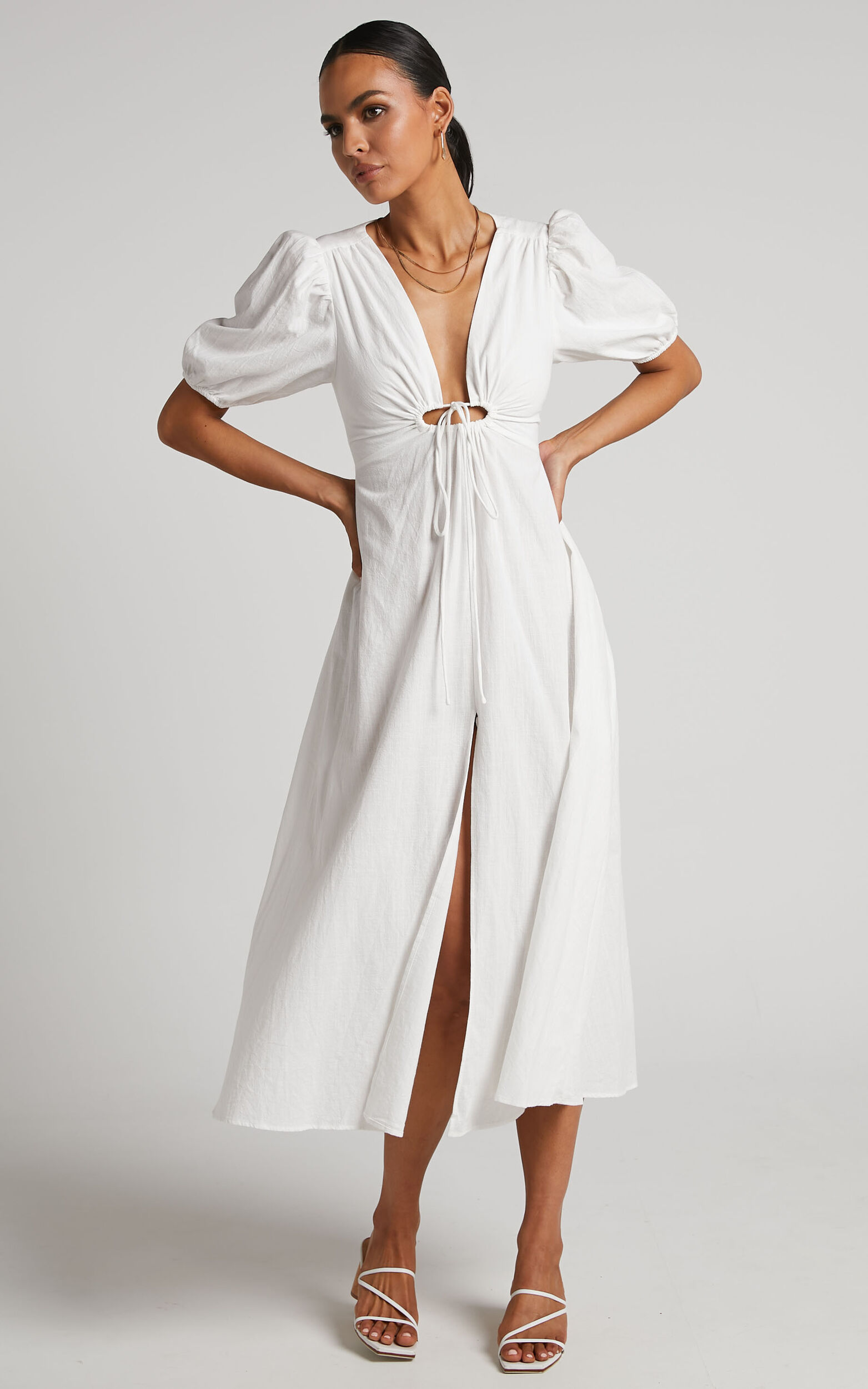 Marsha Midi Dress - Ring Detail Tie Back Puff Sleeve Dress in White - 04, WHT1