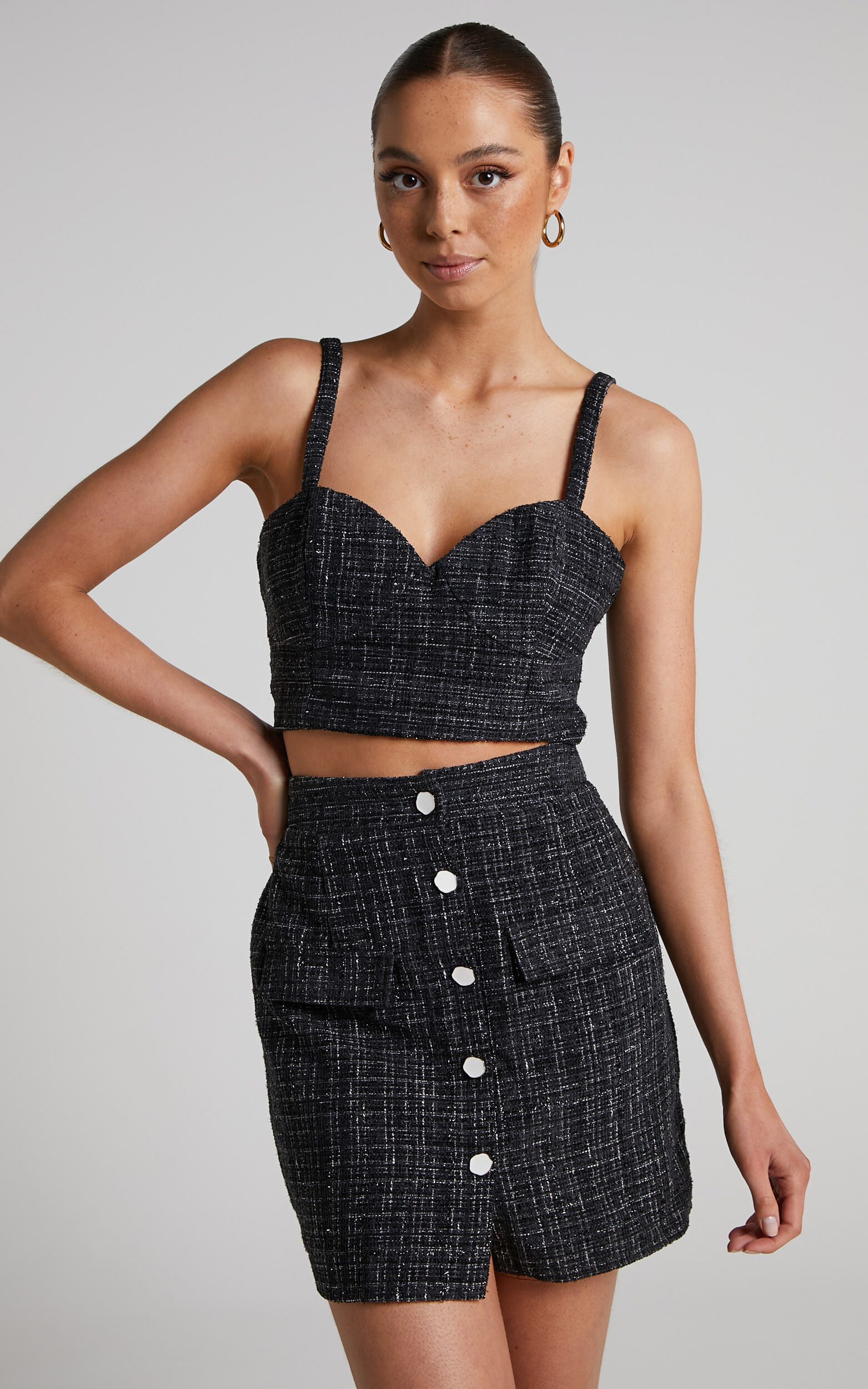 Bjorn Two Piece Set - Boucle Tweed Sweetheart Bralette and Button Up Mini Skirt in Black - 04, BLK1, super-hi-res image number null