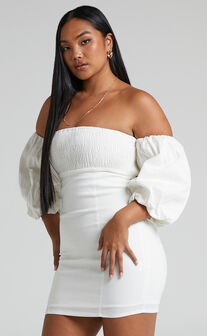 Steffie Shirred Off Shoulder Puff Sleeve Bodycon Mini Dress in White