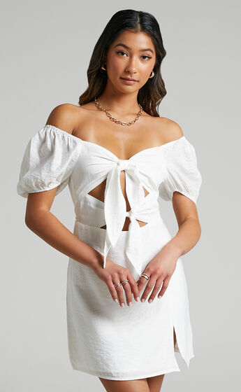 Alexandrine Double Bow Short Sleeve Mini Dress in White