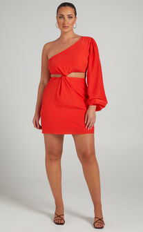 Glannica One Shoulder Mini Dress with Twist Front in Red