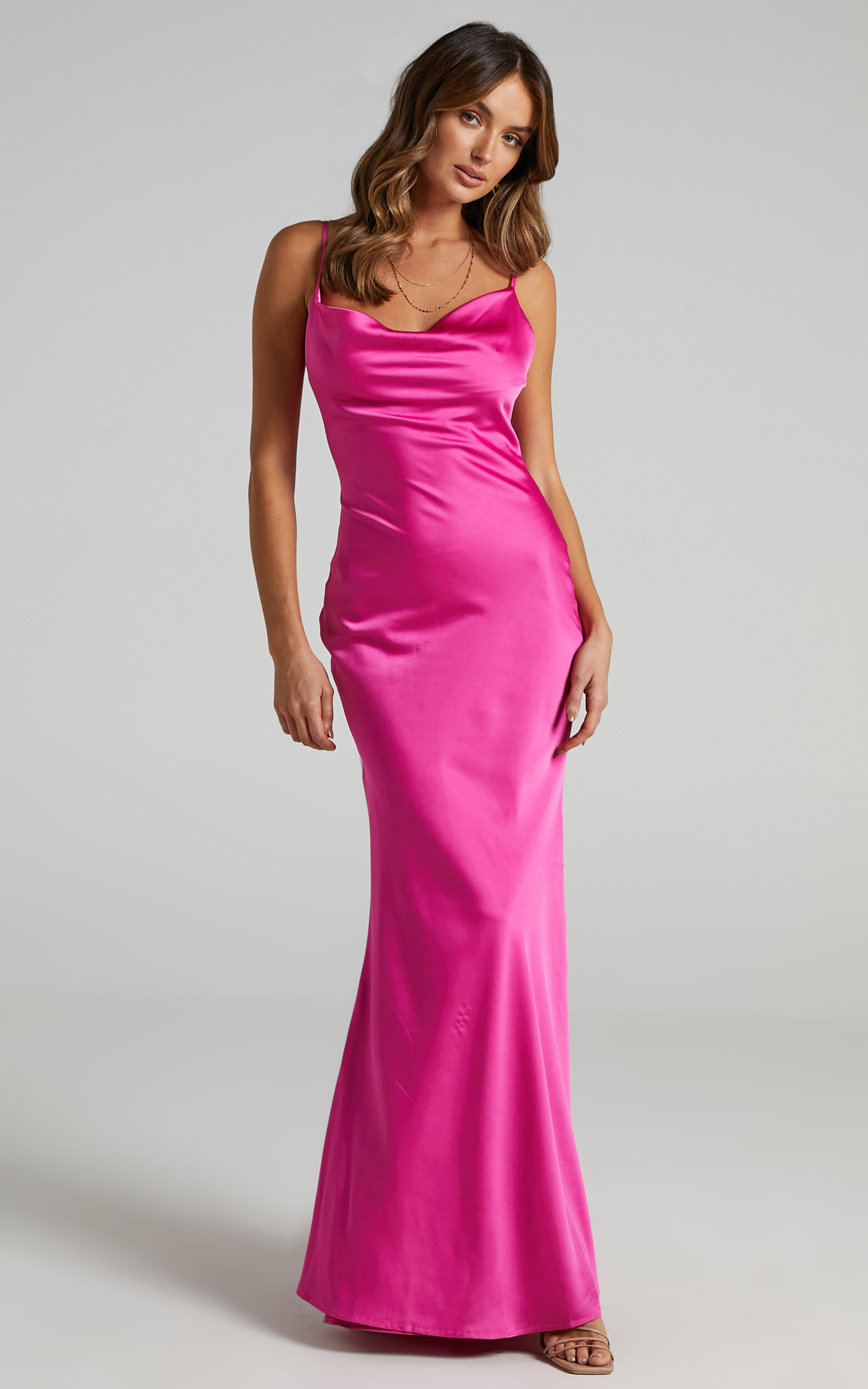 Lunaria Midaxi Dress - Cowl Mermaid Slip Dress in Hot Pink Satin - 06, PNK1