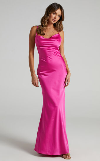 Lunaria Cowl Mermaid Maxi Slip Dress in Hot Pink Satin