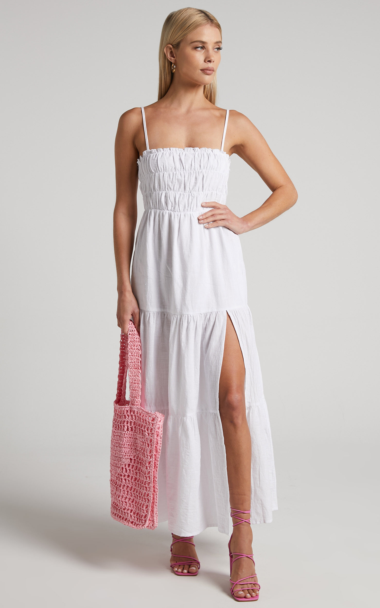 Chalmer Midaxi Dress - Shirred Bodice Tiered Dress in White - 06, WHT1