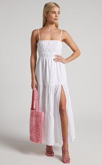 Chalmer Maxi Dress - Shirred Bodice Tiered Dress in White