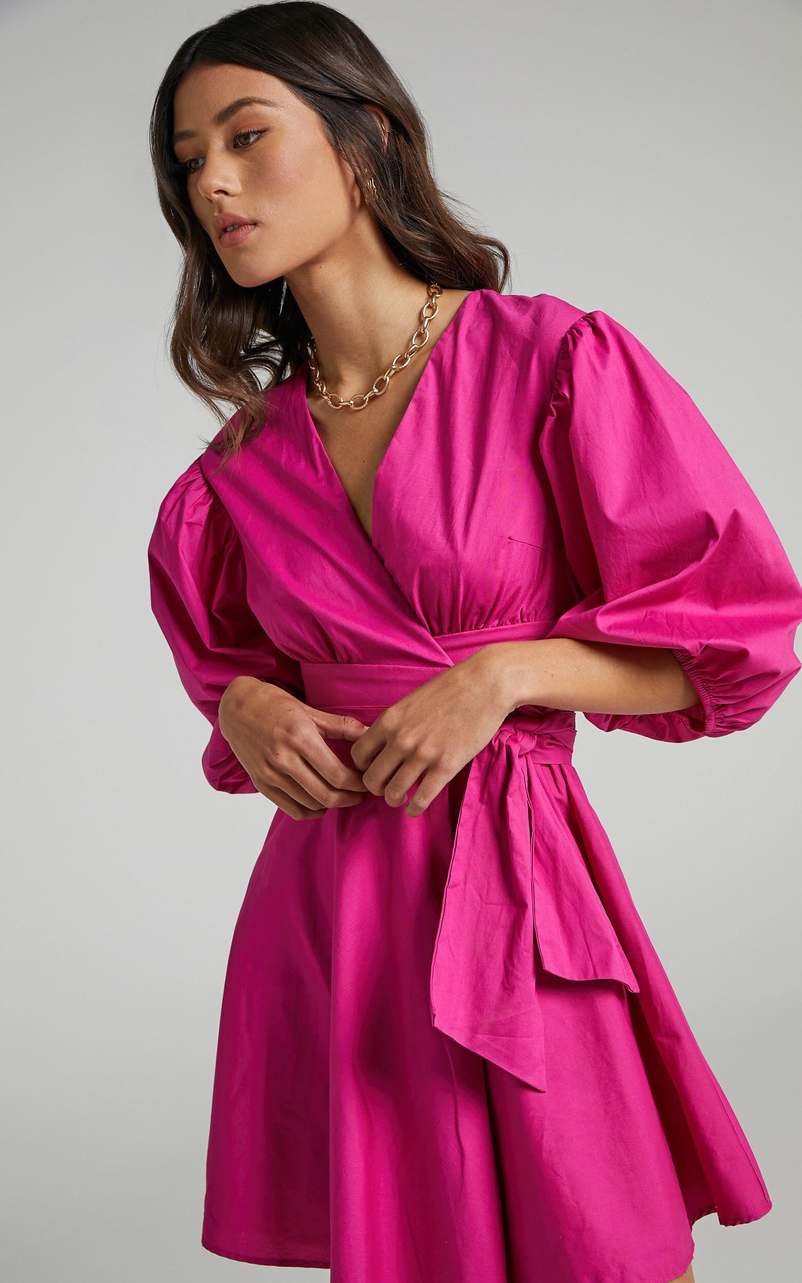 Zyla Puff Sleeve Wrap Mini Dress in Berry | Showpo