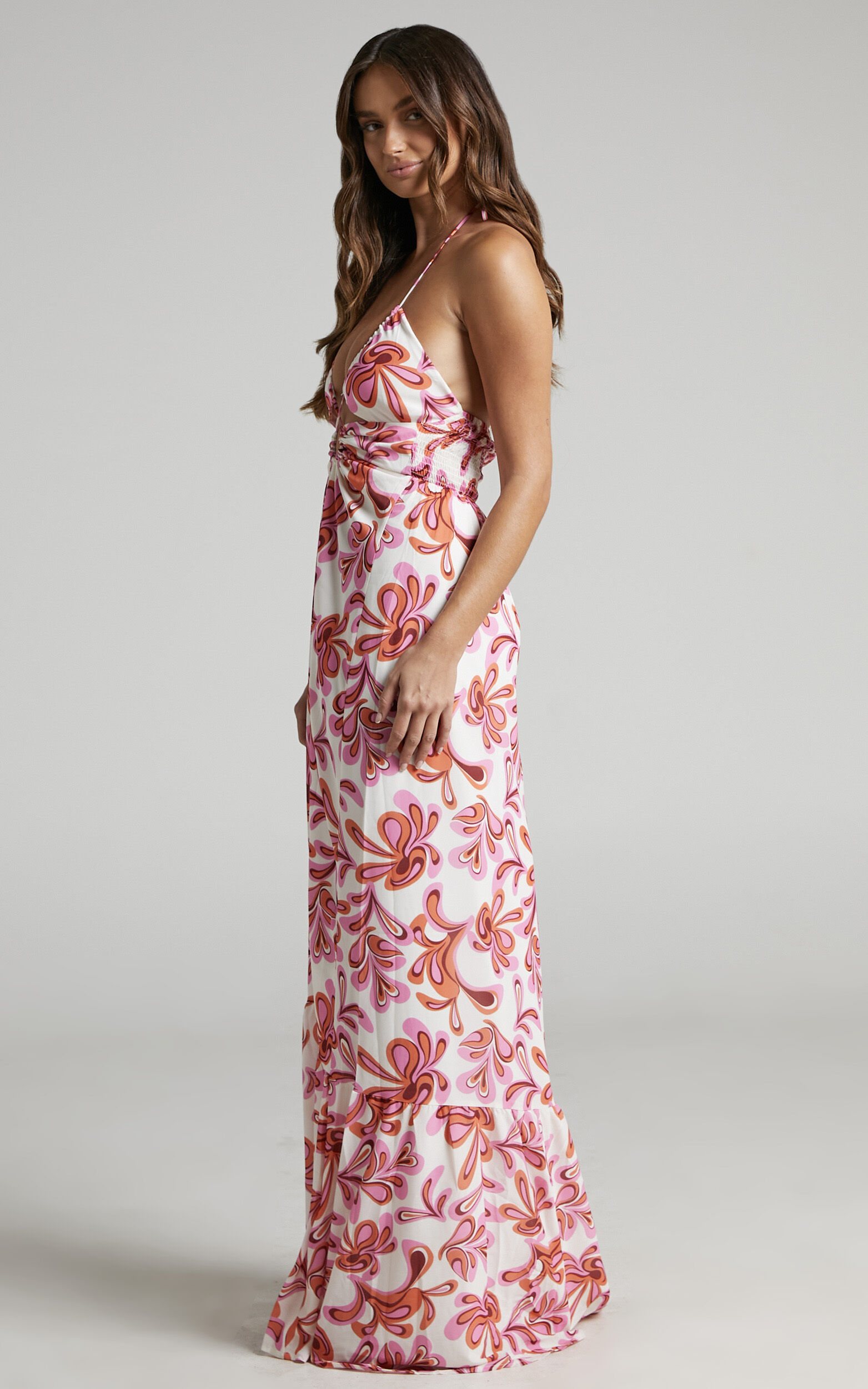 Auroray Cross Front Halter Maxi Dress in Pink Swirl - 06, WHT2, super-hi-res image number null