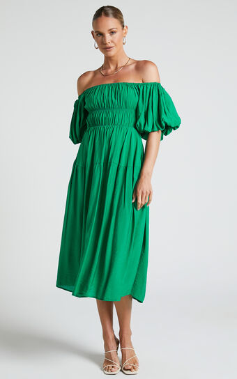 Peyton Midi Dress - Off Shoulder Puff Sleeve Tiered Dress in Green