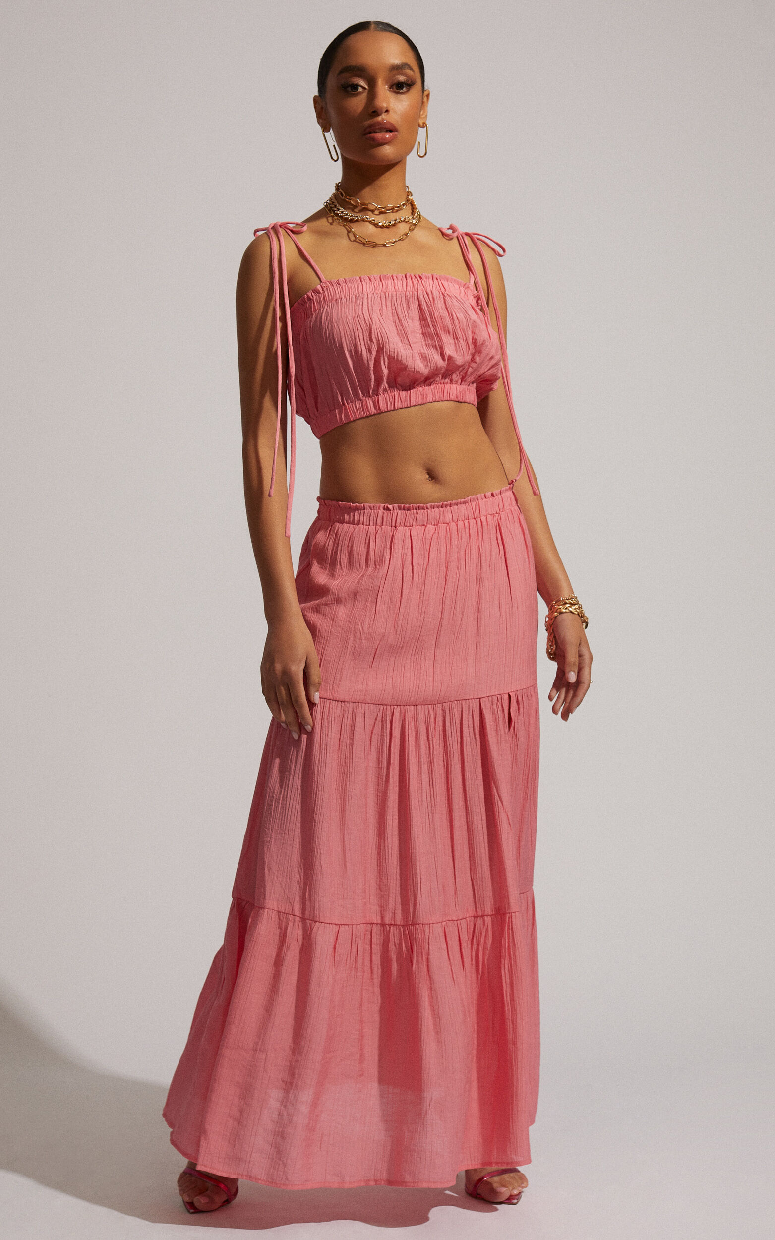 Mariah Tie Strap Crop Top and Tiered Midi Skirt Two Piece Set Pink | Showpo NZ