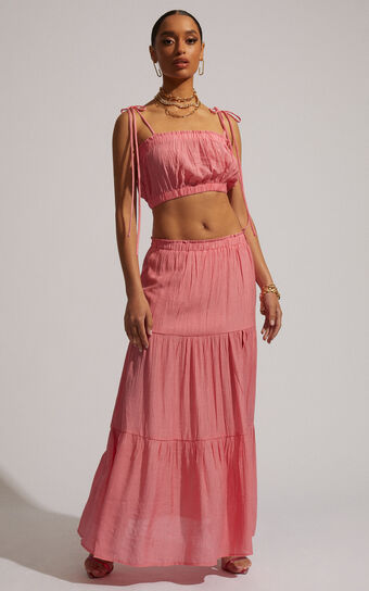 Mariah Tie Strap Crop Top and Tiered Midi Skirt Two Piece Set in Pink